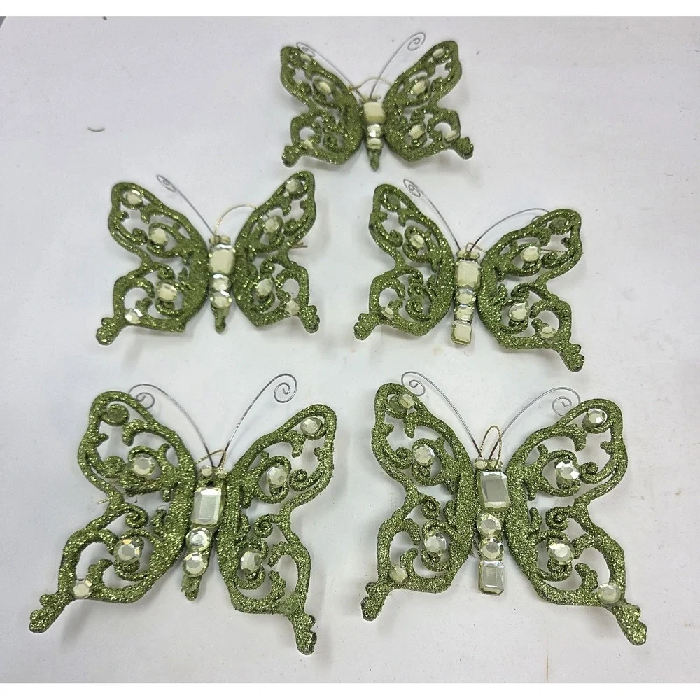 Green Glitter Rhinestone Butterfly Ornaments Set of 5 Christmas Tree Decor 4in